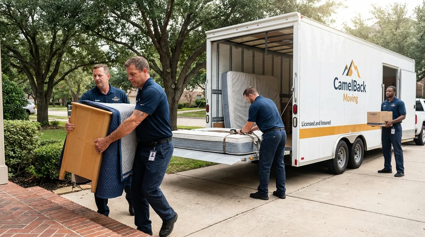Crew loading residential truck for cross-state move from Searcy, AR