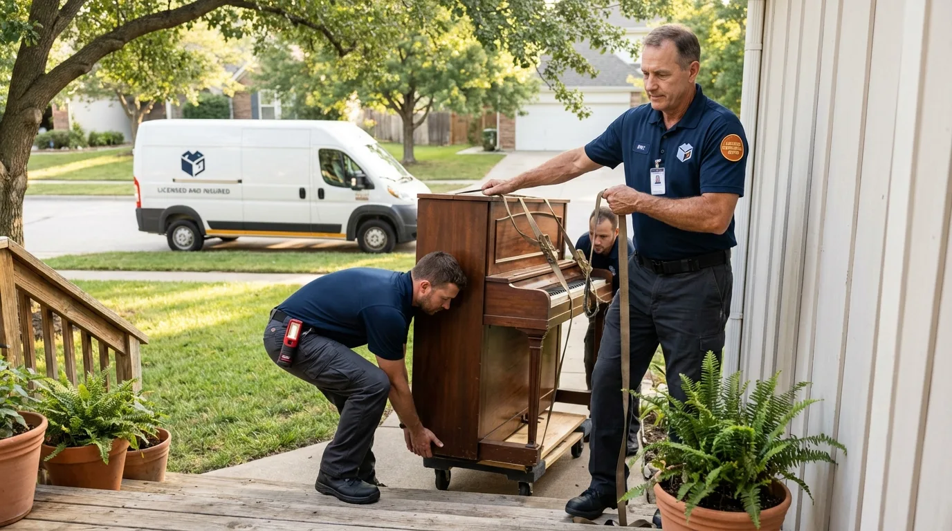 Licensed piano movers securing grand piano in Searcy, AR